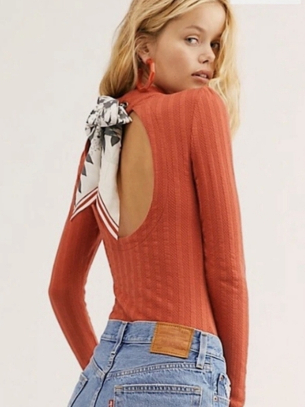 Free People Rust Open-Back Ribbed Long Sleeve Top with Scarf Detail